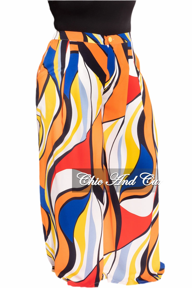 Final Sale Plus Size Chiffon Pants in Royal Blue Multi-Color Print Flexible Waist