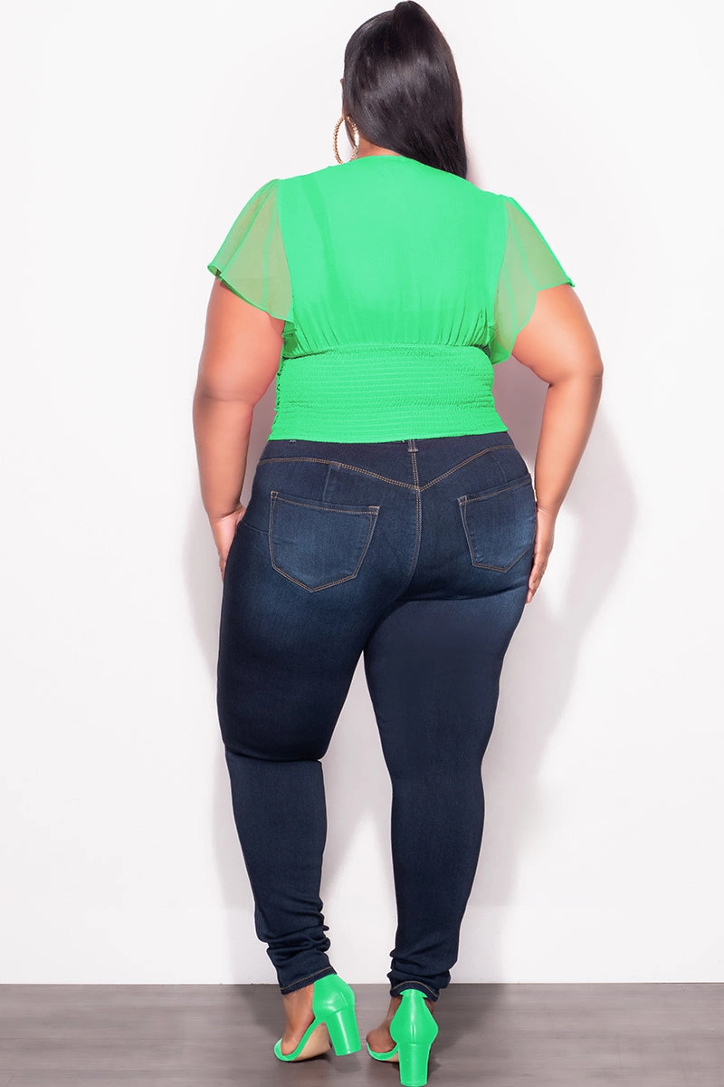 Flexible Durability Final Sale Plus Size Chiffon Ruched Corset Blouse with Flutter Sleeves in Green