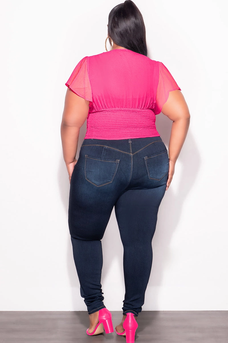 Functional Stretch Final Sale Plus Size Chiffon Ruched Corset Blouse with Flutter Sleeves in Hot Pink