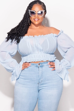 Final Sale Plus Size Chiffon Sheer Balloon Sleeve Crop Top in Light Blue Cool Comfort Utility pocket