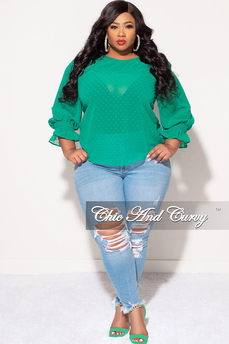 Final Sale Plus Size Chiffon Sheer Top with Dot Embossing in Green Breathable mesh Fitted Design