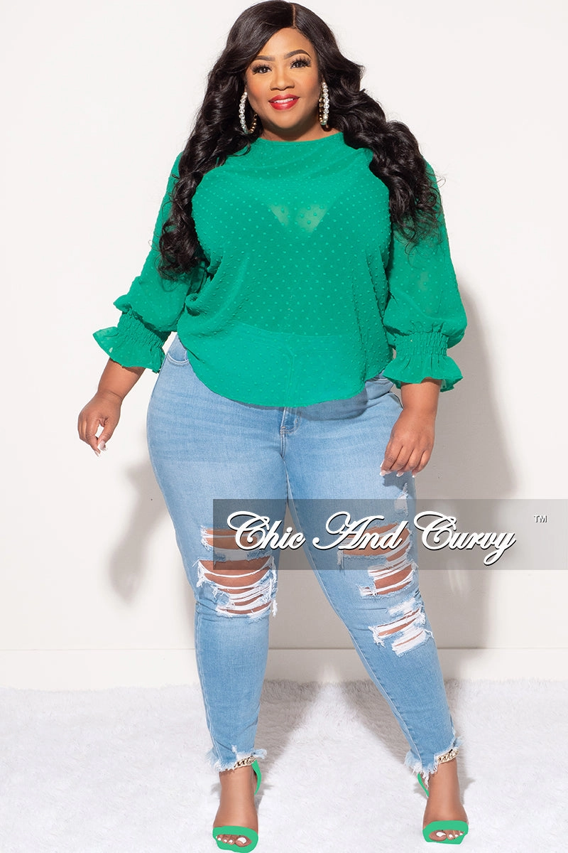 Final Sale Plus Size Chiffon Sheer Top with Dot Embossing in Green Premium Stretch