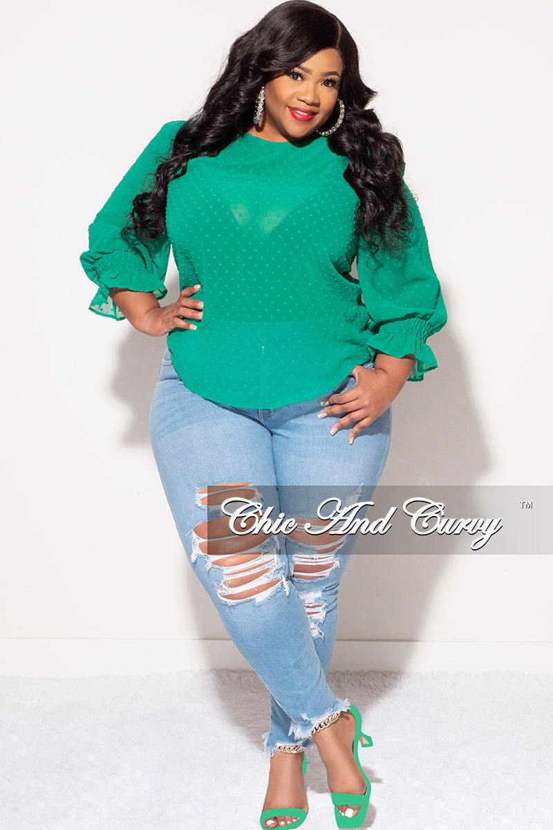 Final Sale Plus Size Chiffon Sheer Top with Dot Embossing in Green Cozy Stretch Slim Look Fit
