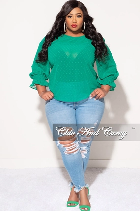 Final Sale Plus Size Chiffon Sheer Top with Dot Embossing in Green Breathable mesh Fitted Design