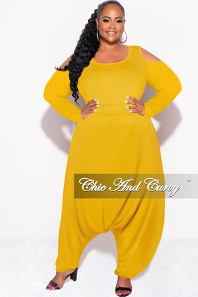 Seamless Waist Technology Final Sale Plus Size Cold Shoulder Harem Jumpsuit in Mustard