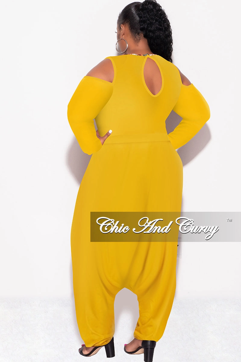 Final Sale Plus Size Cold Shoulder Harem Jumpsuit in Mustard Simple and Cozy Soft Interior