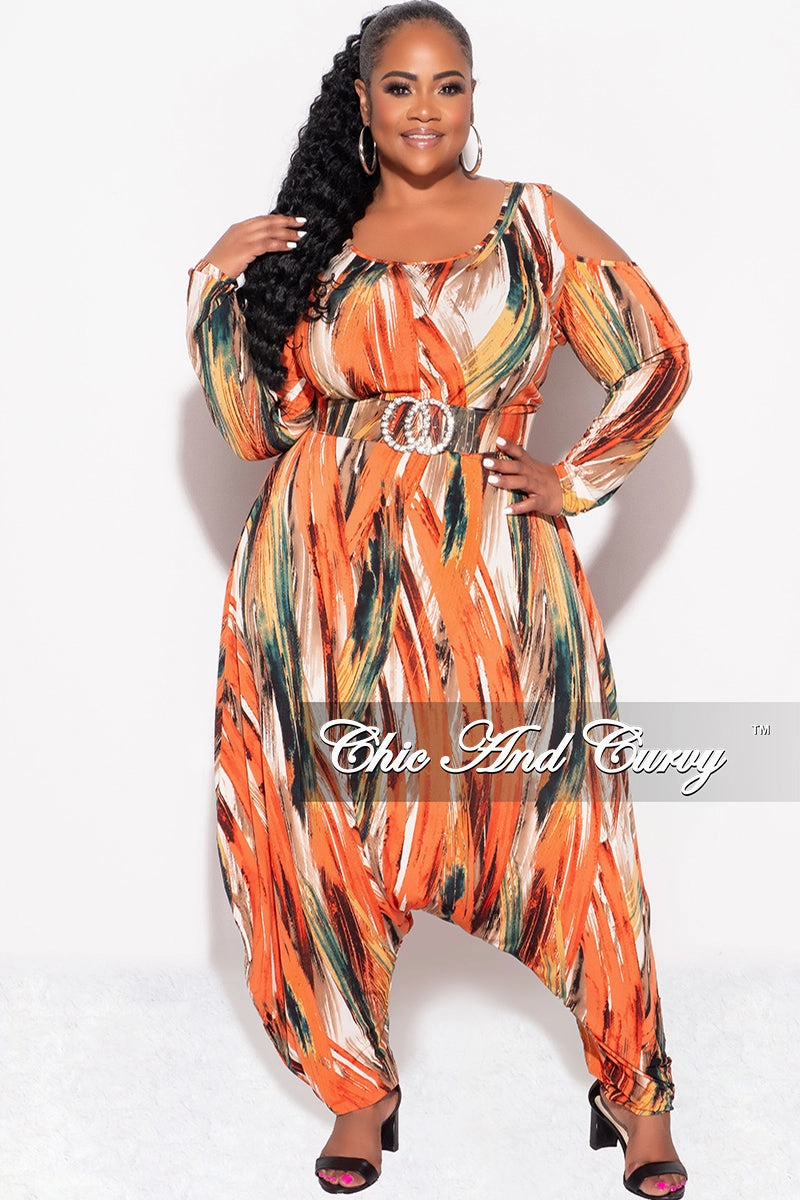 Final Sale Plus Size Cold Shoulder Harem Jumpsuit in Orange Multi-Print Packable Fit NonRestrictiveCut