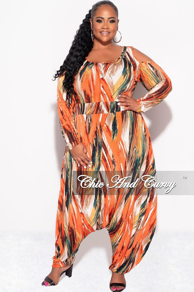Temperature Regulating Fabric Final Sale Plus Size Cold Shoulder Harem Jumpsuit in Orange Multi-Print