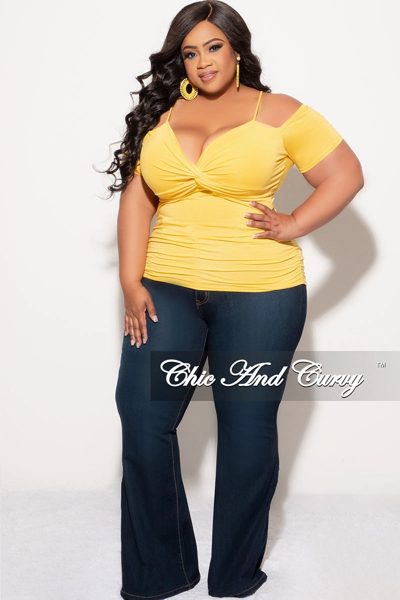 Core Stretch No Wrinkle Final Sale Plus Size Cold Shoulder Top in Mustard Yellow
