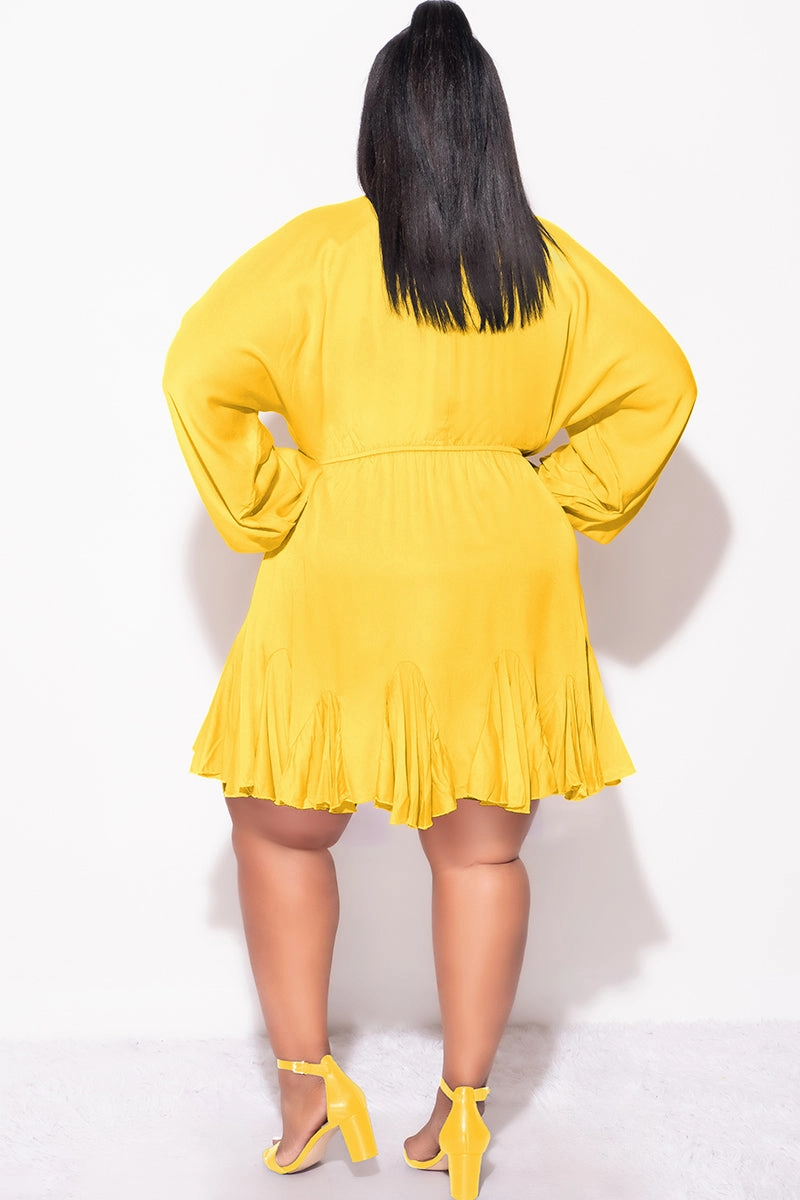 Final Sale Plus Size Collar Button Up Baby Doll Flare Dress in Mustard Stretchable Wear Trendy Look