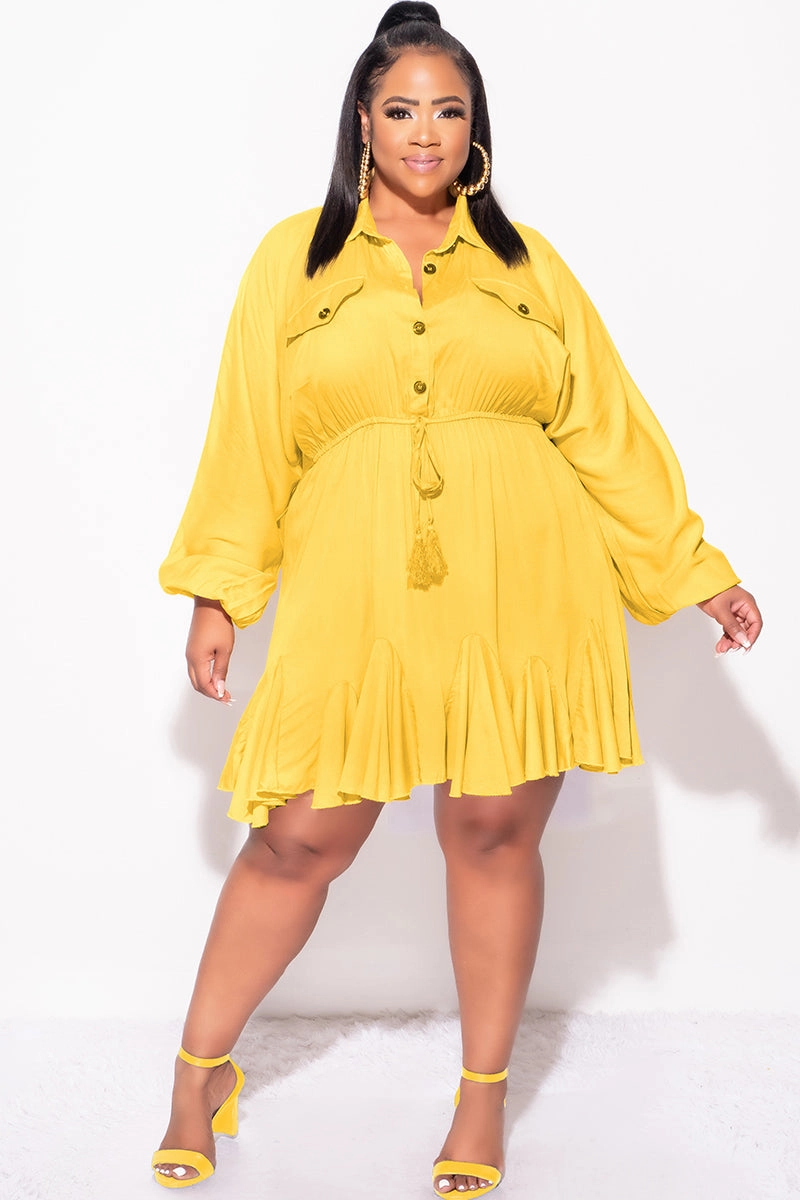 Final Sale Plus Size Collar Button Up Baby Doll Flare Dress in Mustard Chill Ready Quick Dry Fabric