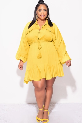 Stylish Layers Final Sale Plus Size Collar Button Up Baby Doll Flare Dress in Mustard