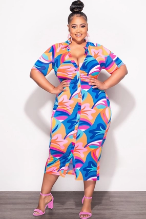 Final Sale Plus Size Collar Button Up BodyCon Dress In Multi Color "Mercy Me" Print Low Profile Fasteners Cozy Stretch Fit