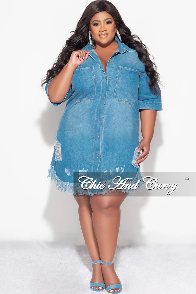 Lightweight Wear Thermal regulation Final Sale Plus Size Collar Button Up Denim Distressed Dress in Light Denim