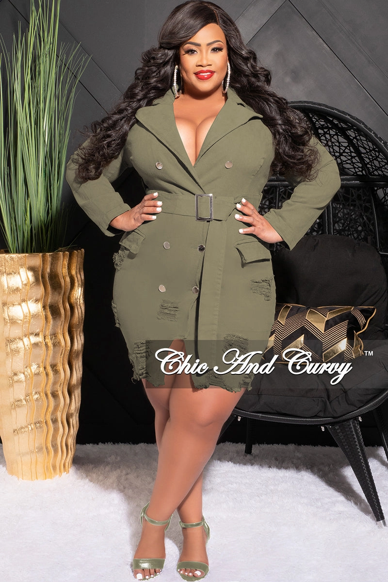 Day Hike Final Sale Plus Size Collar Button Up Distress Denim Dress in Olive