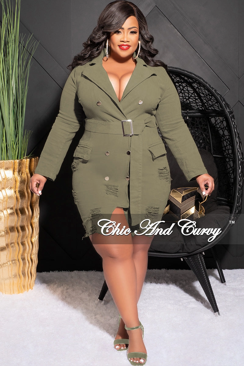 Final Sale Plus Size Collar Button Up Distress Denim Dress in Olive Movement Comfort Quick Conversion Hem