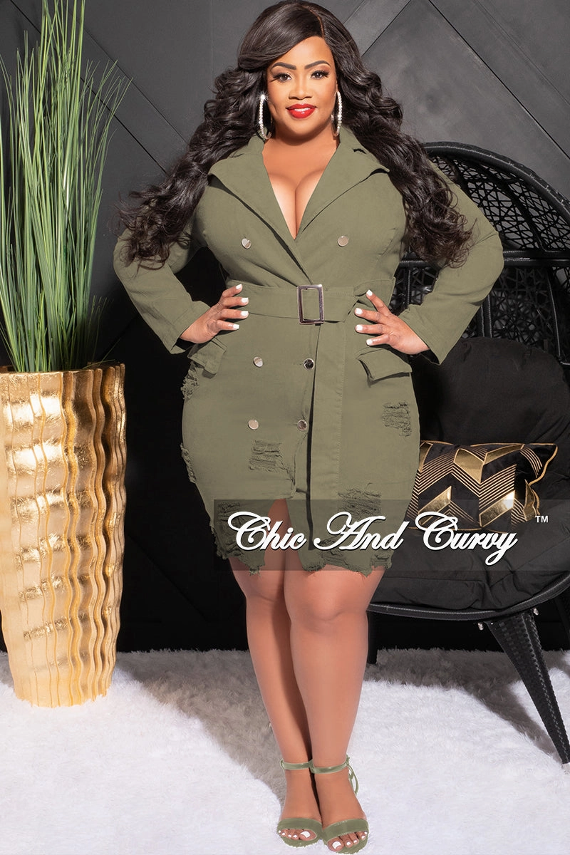 Cozy Stretch Fit Sporty Layer Final Sale Plus Size Collar Button Up Distress Denim Dress in Olive