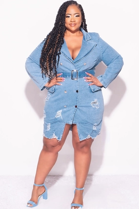 Final Sale Plus Size Collar Button Up Distress Dress in Light Denim FlexibleMobilityDesign