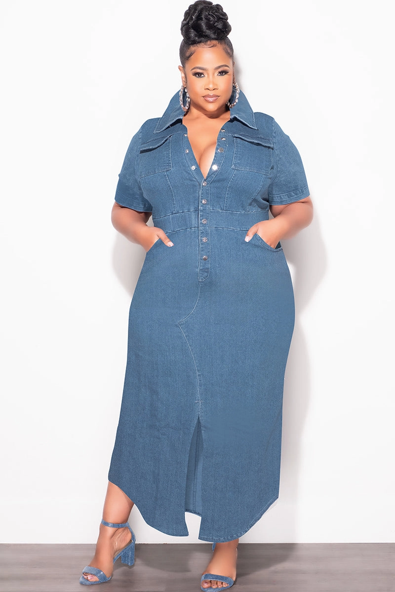 Quick Fit Design Smart Casual Final Sale Plus Size Collar Button Up Dress in Medium Denim