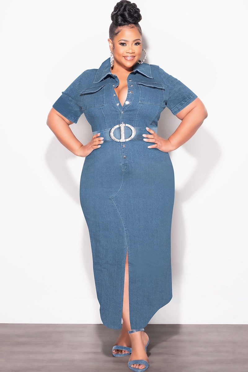 Breathable layers Final Sale Plus Size Collar Button Up Dress in Medium Denim