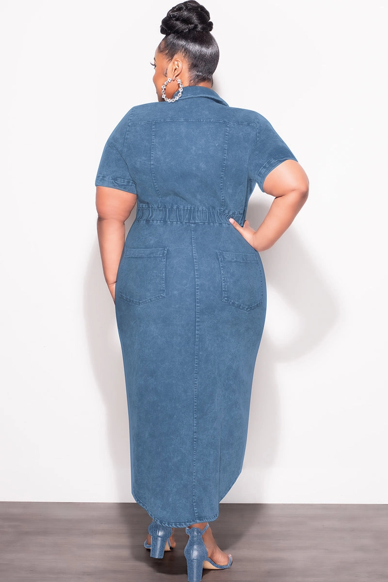 Final Sale Plus Size Collar Button Up Dress in Medium Denim Fashionable Waist