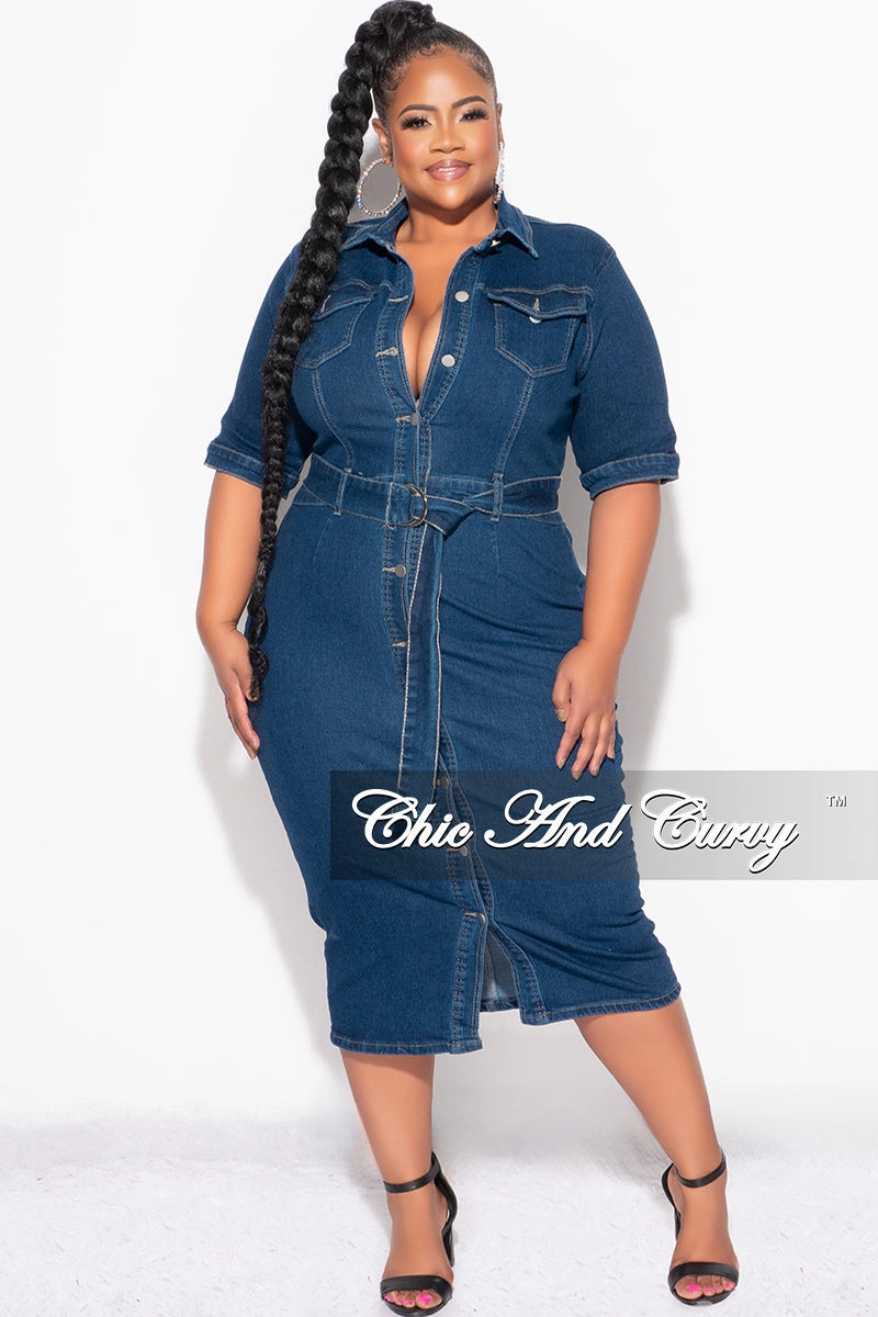 Final Sale Plus Size Collar Button Up Dress with Front Slit in Dark Denim OdorResistant Hidden Zip Pockets