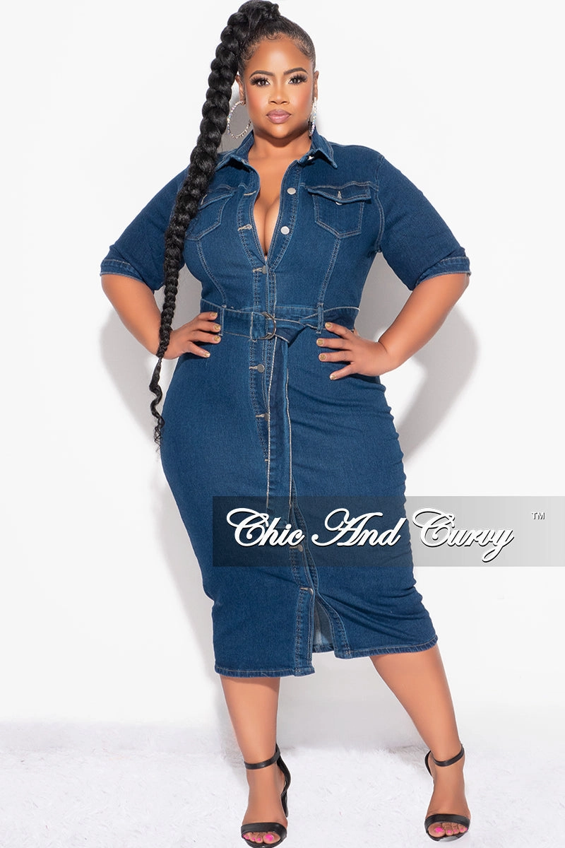 Chilly Weather high waisted Final Sale Plus Size Collar Button Up Dress with Front Slit in Dark Denim