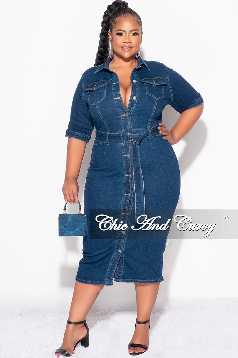 Final Sale Plus Size Collar Button Up Dress with Front Slit in Dark Denim Relaxed Comfort Fit