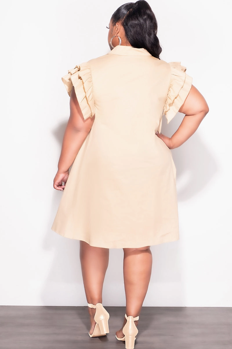 Final Sale Plus Size Collar Button Up Dress with Ruffle Sleeves in Tan Seamless Wear