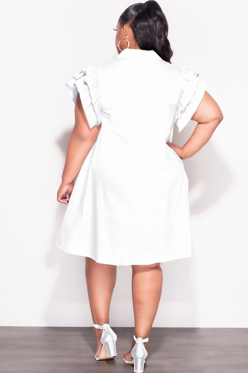 Final Sale Plus Size Collar Button Up Dress with Ruffle Sleeves in White Timeless Fit
