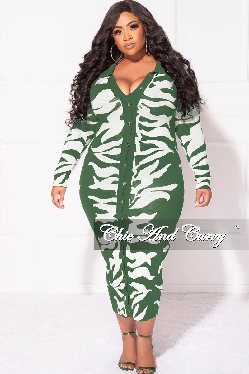 All Day Wear Comfort Tapered ankle Final Sale Plus Size Collar Button Up Midi Dress in Olive and White Design Print