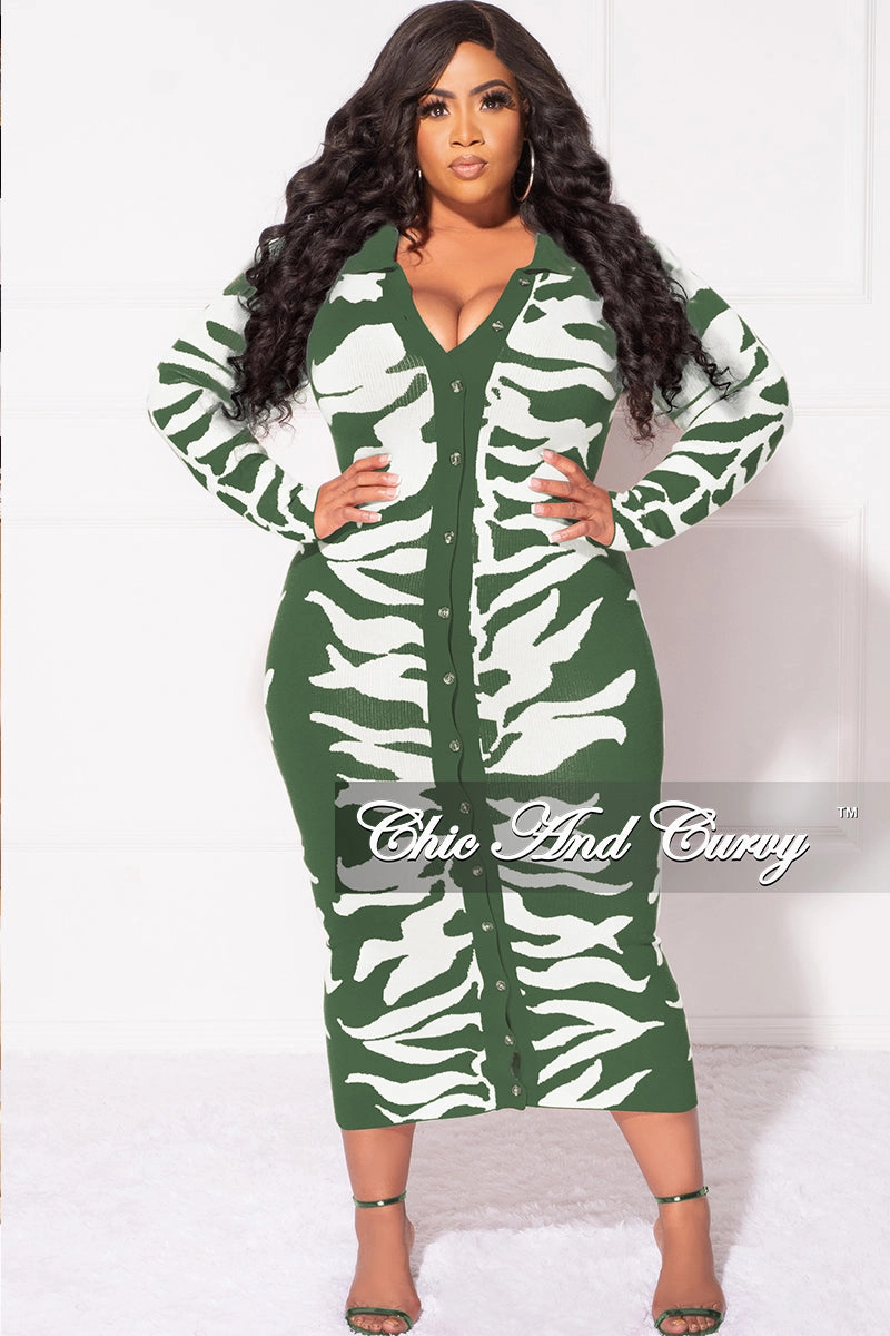 Frayed hem Final Sale Plus Size Collar Button Up Midi Dress in Olive and White Design Print