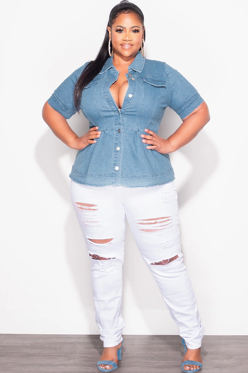 Final Sale Plus Size Collar Button Up Peplum Top in Medium Denim FunctionalZipper