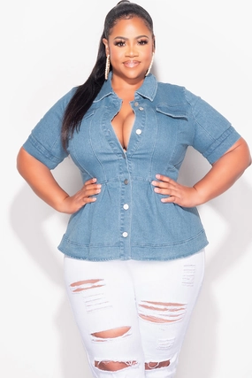 Minimal Design HighDensityWeave Final Sale Plus Size Collar Button Up Peplum Top in Medium Denim