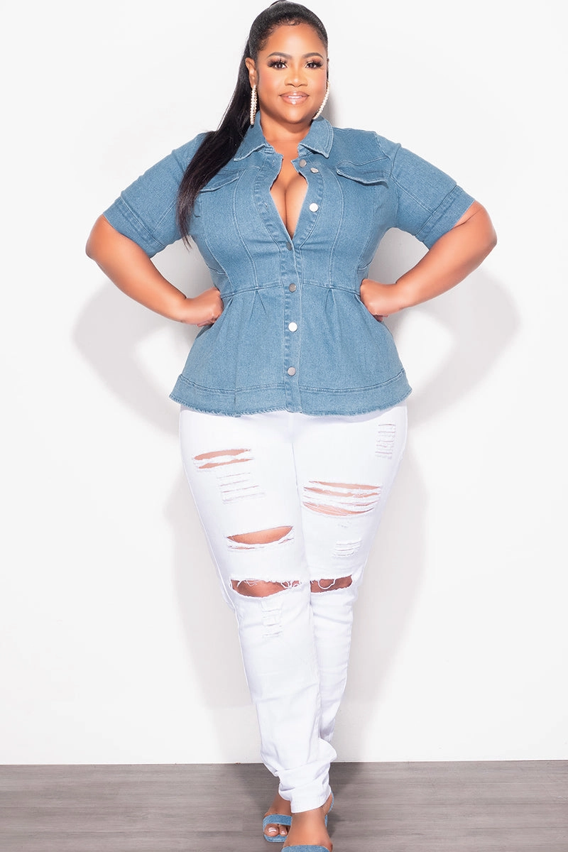 Final Sale Plus Size Collar Button Up Peplum Top in Medium Denim Elastic Free Cuffs Compact Pack