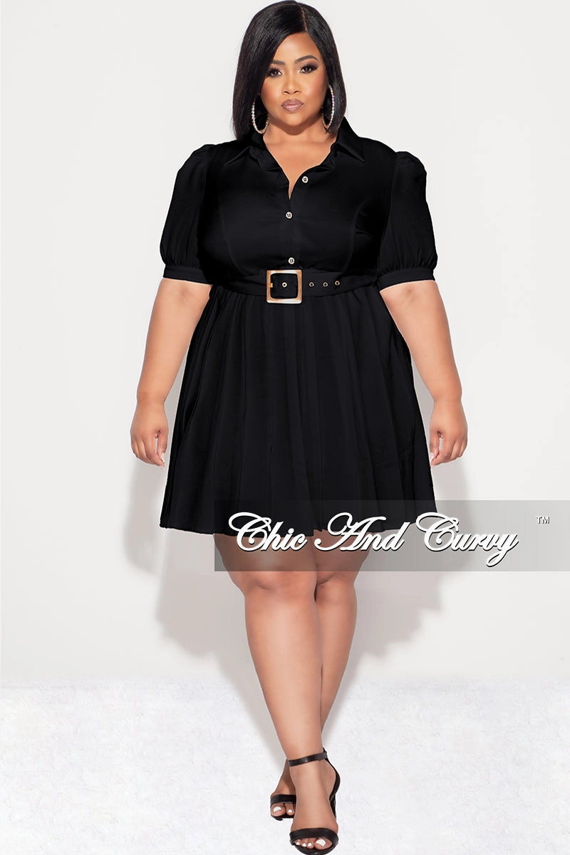 Double Stitched Final Sale Plus Size Collar Button Up Pleated Dress with Belt in Black