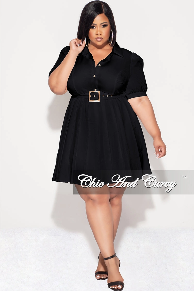 Final Sale Plus Size Collar Button Up Pleated Dress with Belt in Black Light Fabric