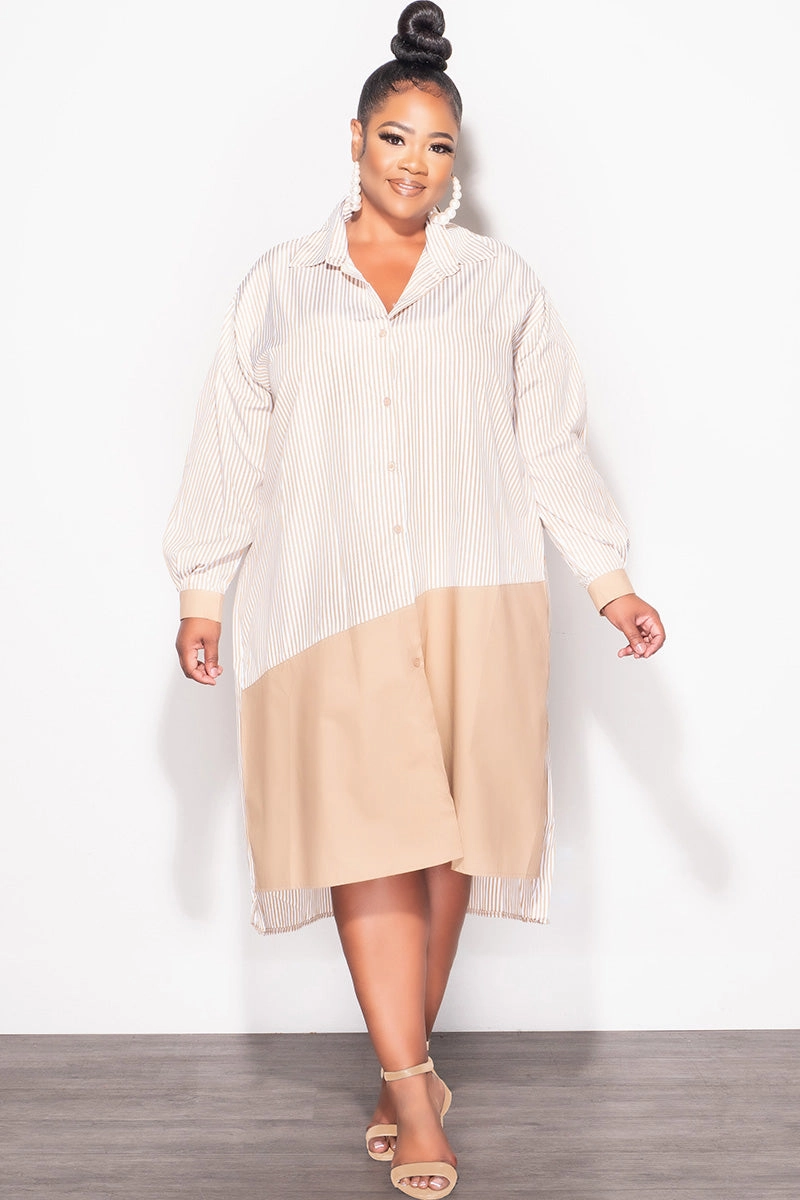 Odor Resistant Treatment Final Sale Plus Size Collar Button Up Shirt Dress in White and Tan