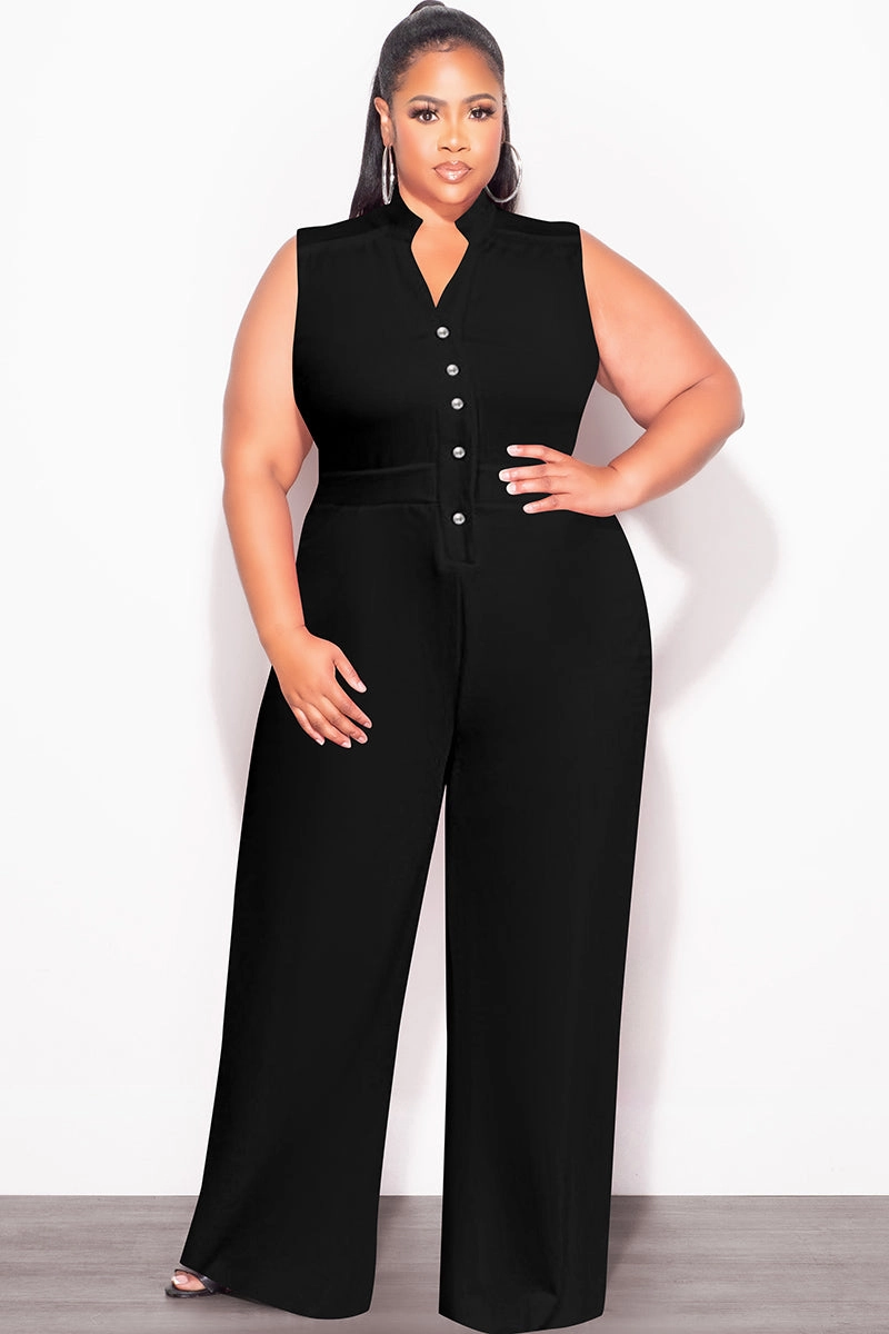 Core Fit Active Fit Final Sale Plus Size Collar Button Up Sleeveless Jumpsuit in Black