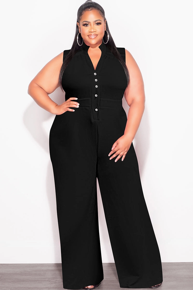 Flexible Performance Quick Adjust Fit Final Sale Plus Size Collar Button Up Sleeveless Jumpsuit in Black