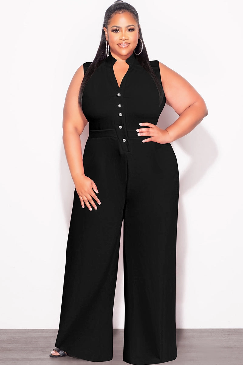 Final Sale Plus Size Collar Button Up Sleeveless Jumpsuit in Black OdorResistant