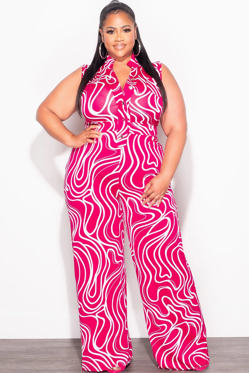Comfy Design Comfortable Movement Final Sale Plus Size Collar Button Up Sleeveless Jumpsuit in Fuschia & White Design Print