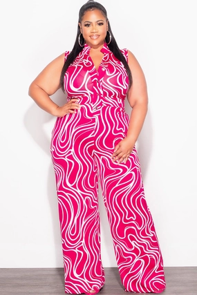 Comfy Design Comfortable Movement Final Sale Plus Size Collar Button Up Sleeveless Jumpsuit in Fuschia & White Design Print
