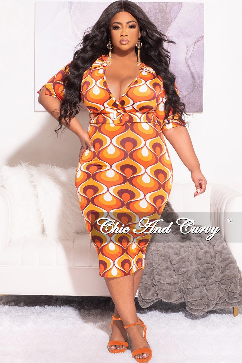 Final Sale Plus Size Collar Faux Wrap Belted Midi Dress in Orange Design Print Functional Design