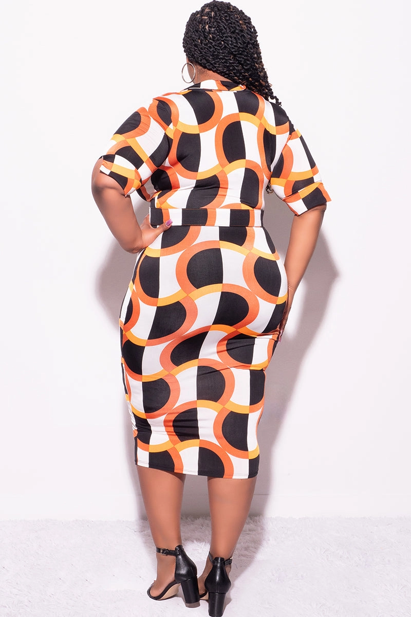 Final Sale Plus Size Collar Faux Wrap BodyCon Dress in Orange & Ivory Design Print Utility Fit