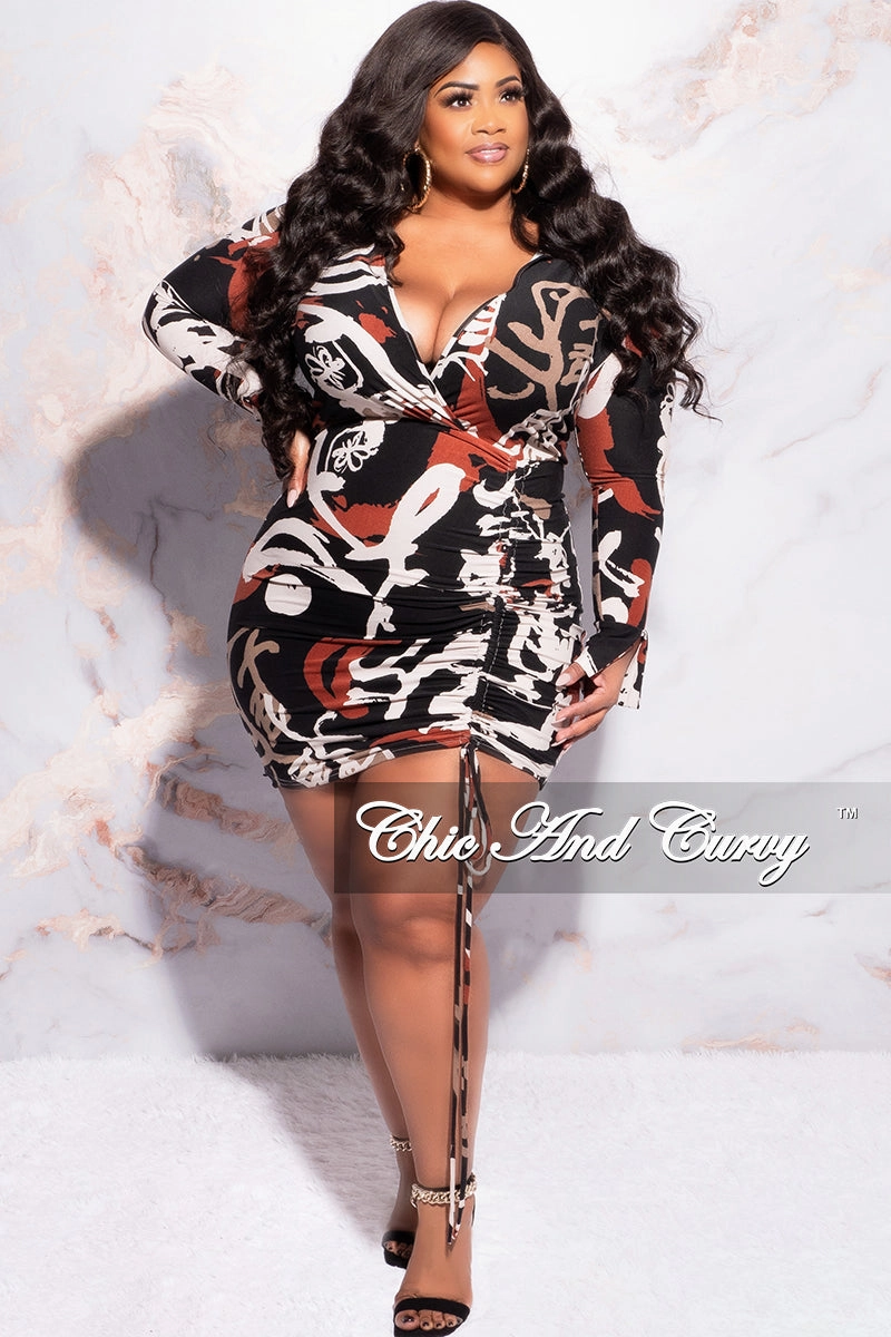 Final Sale Plus Size Collar Faux Wrap Drawstring Ruched Mini BodyCon Dress in Black Tan Burgundy and Ivory Non slip grip
