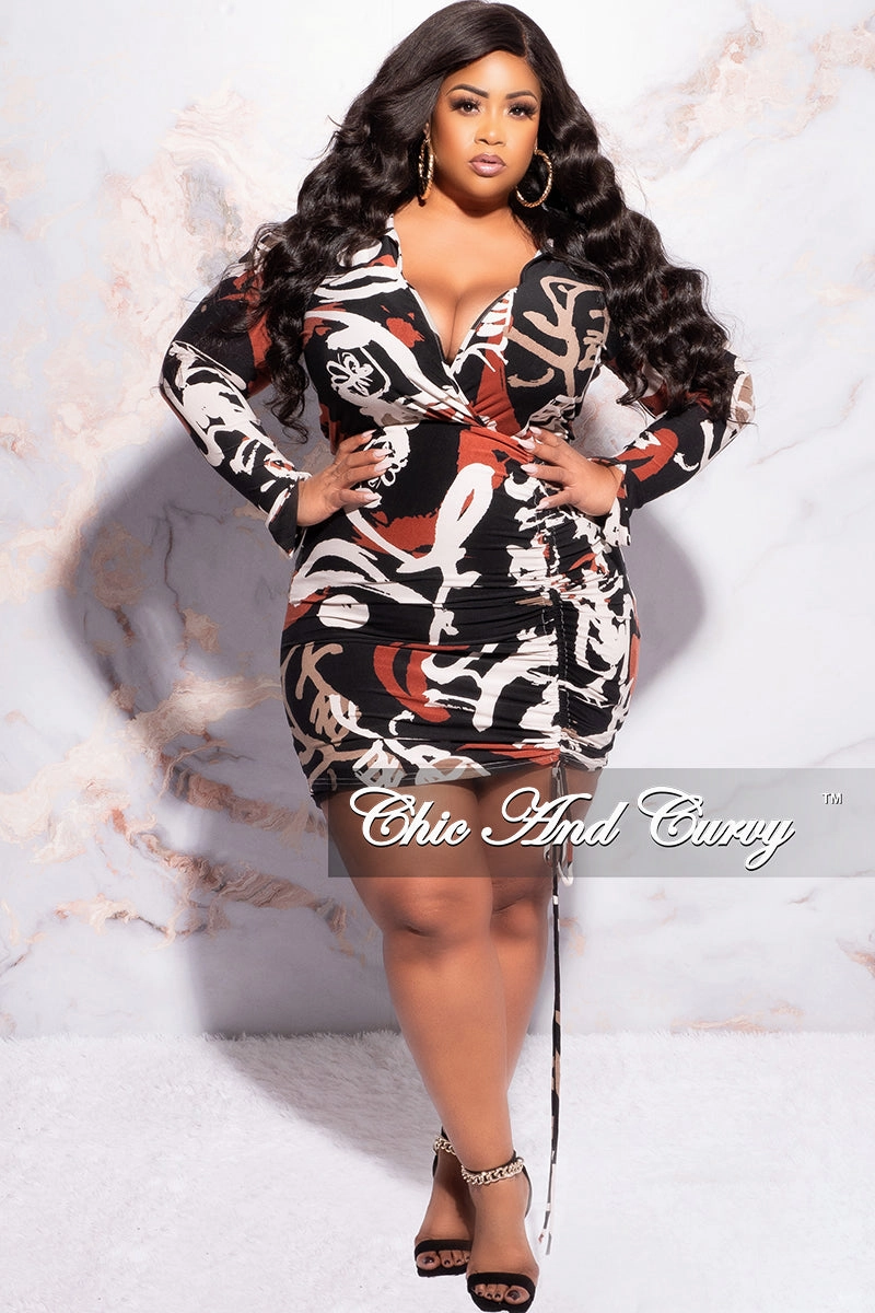 Final Sale Plus Size Collar Faux Wrap Drawstring Ruched Mini BodyCon Dress in Black Tan Burgundy and Ivory Fashionable Appeal StainResistantCoating