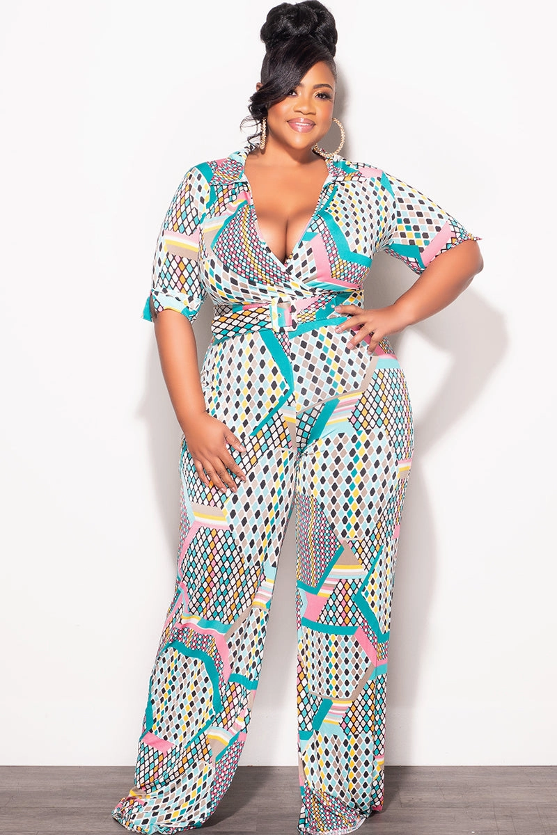 SustainableManufacturing Light Fabric Final Sale Plus Size Collar Faux Wrap Jumpsuit with Belt in Light Turquoise & Pink Polka Dot Multi Color Print