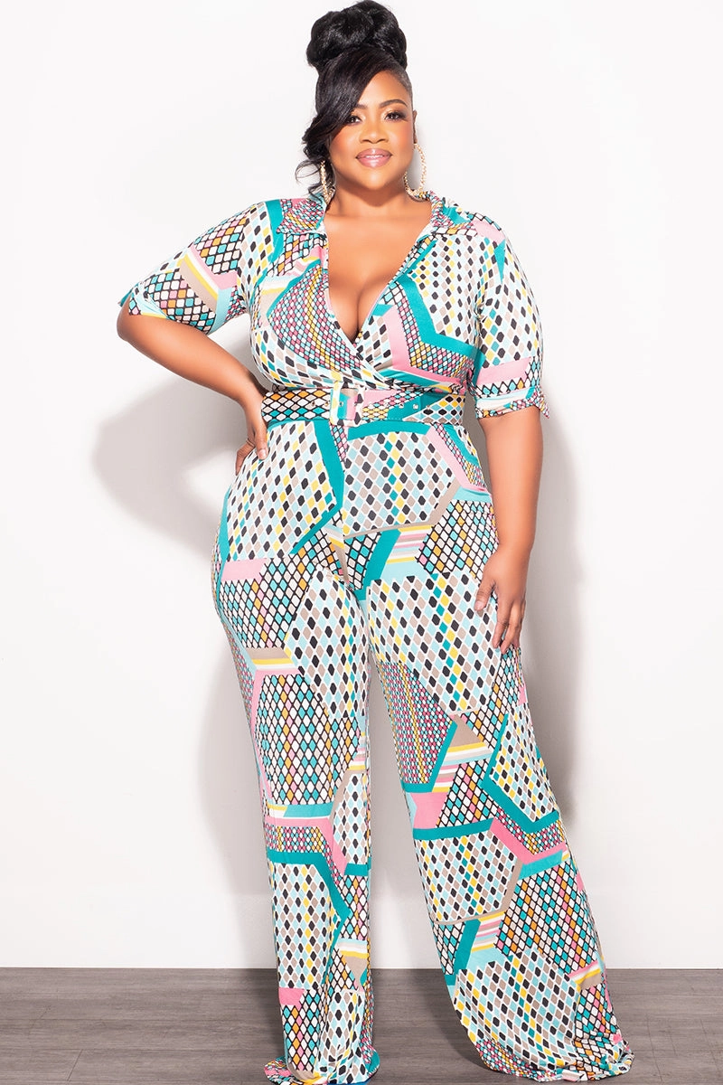 Final Sale Plus Size Collar Faux Wrap Jumpsuit with Belt in Light Turquoise & Pink Polka Dot Multi Color Print Sport Ready