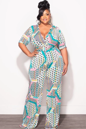 Final Sale Plus Size Collar Faux Wrap Jumpsuit with Belt in Light Turquoise & Pink Polka Dot Multi Color Print AntiSlipGrip